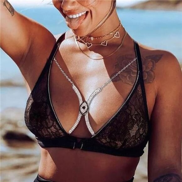 Evil Eye Rhinestone Chest Bracket Bra Sexy Silver Rhinestone Chest Chains - Picture 4 of 6